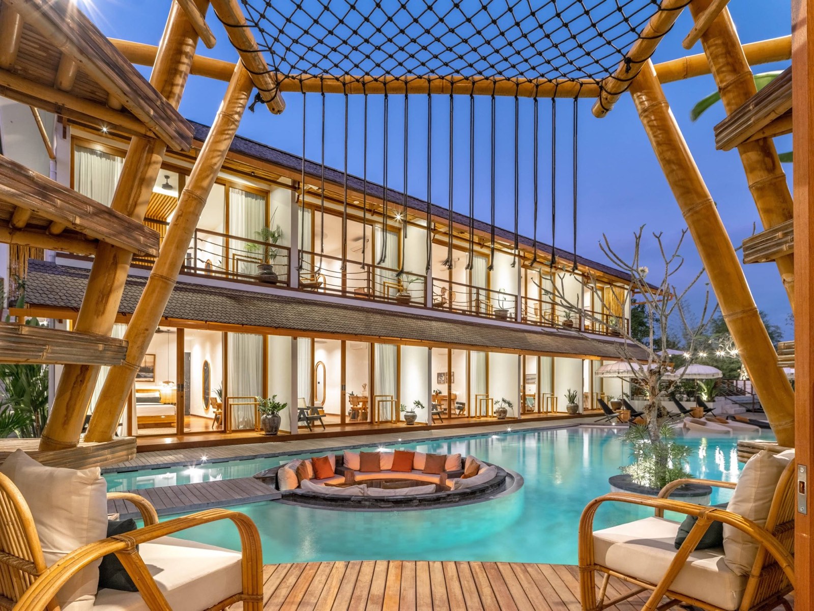 The pool deck at twilight